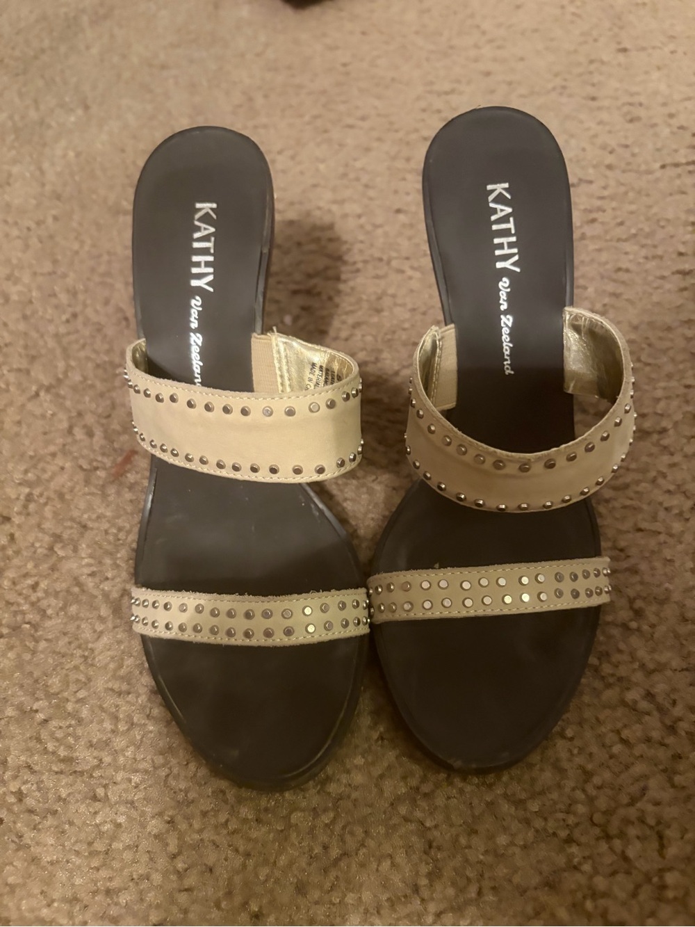 Kathy Van Zeeland Metallic Gold Stud Two-Strap Slide Sandals